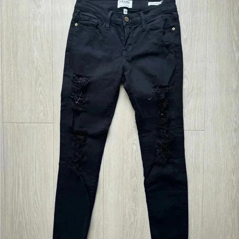 Frame Denim Jeans Women's Le Skinny de Jeanne Distress Made In USA Black - Picture 3 of 8